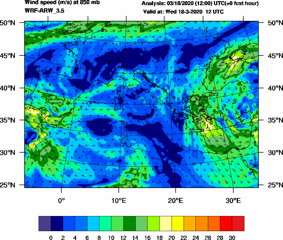 Wind speed (m/s) at 850 mb - 2020-03-18 12:00