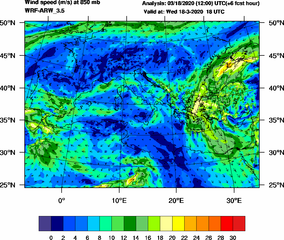 Wind speed (m/s) at 850 mb - 2020-03-18 18:00