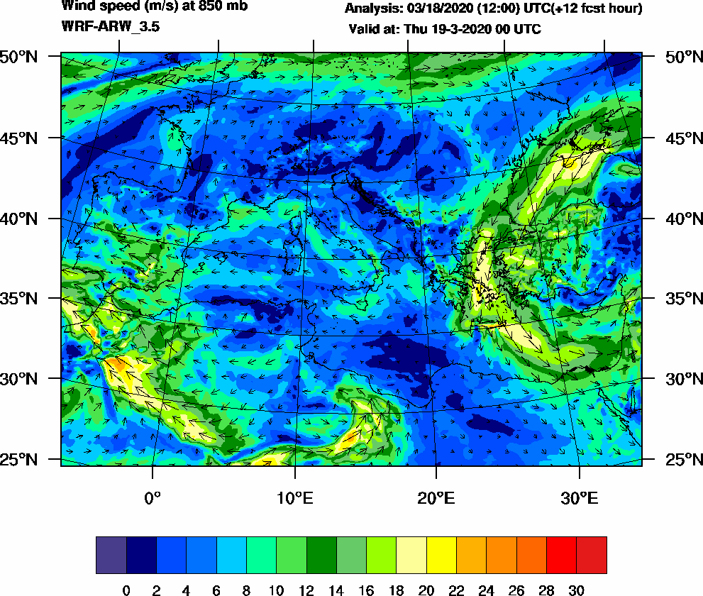 Wind speed (m/s) at 850 mb - 2020-03-19 00:00