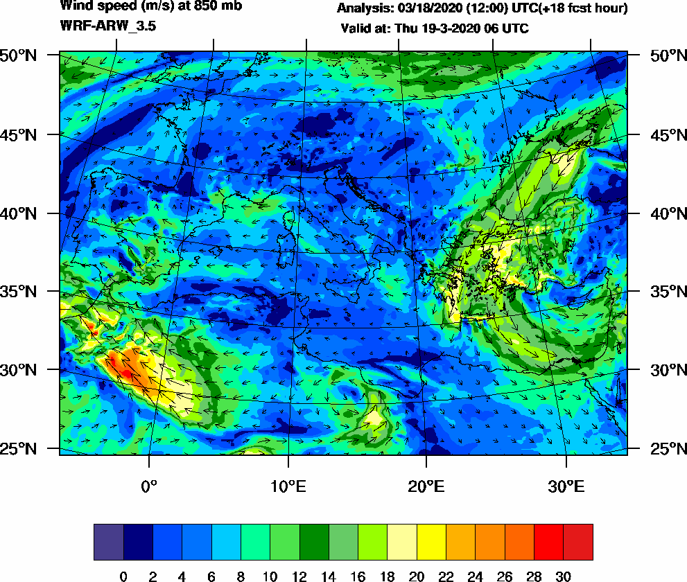 Wind speed (m/s) at 850 mb - 2020-03-19 06:00