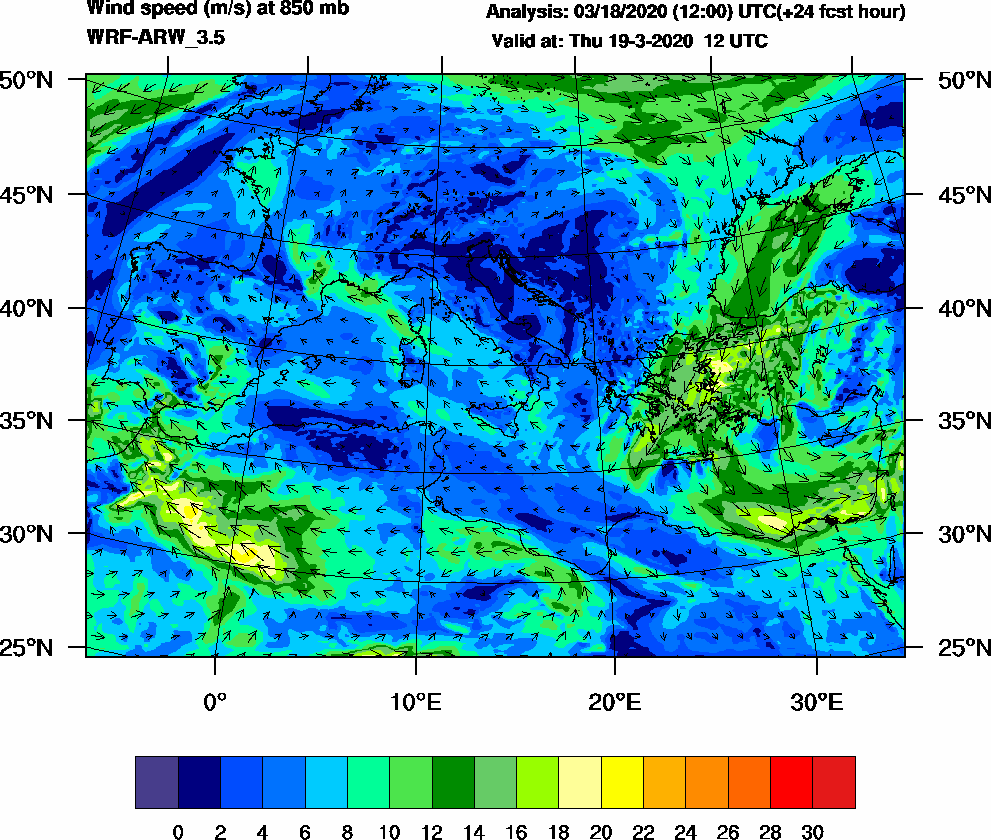 Wind speed (m/s) at 850 mb - 2020-03-19 12:00