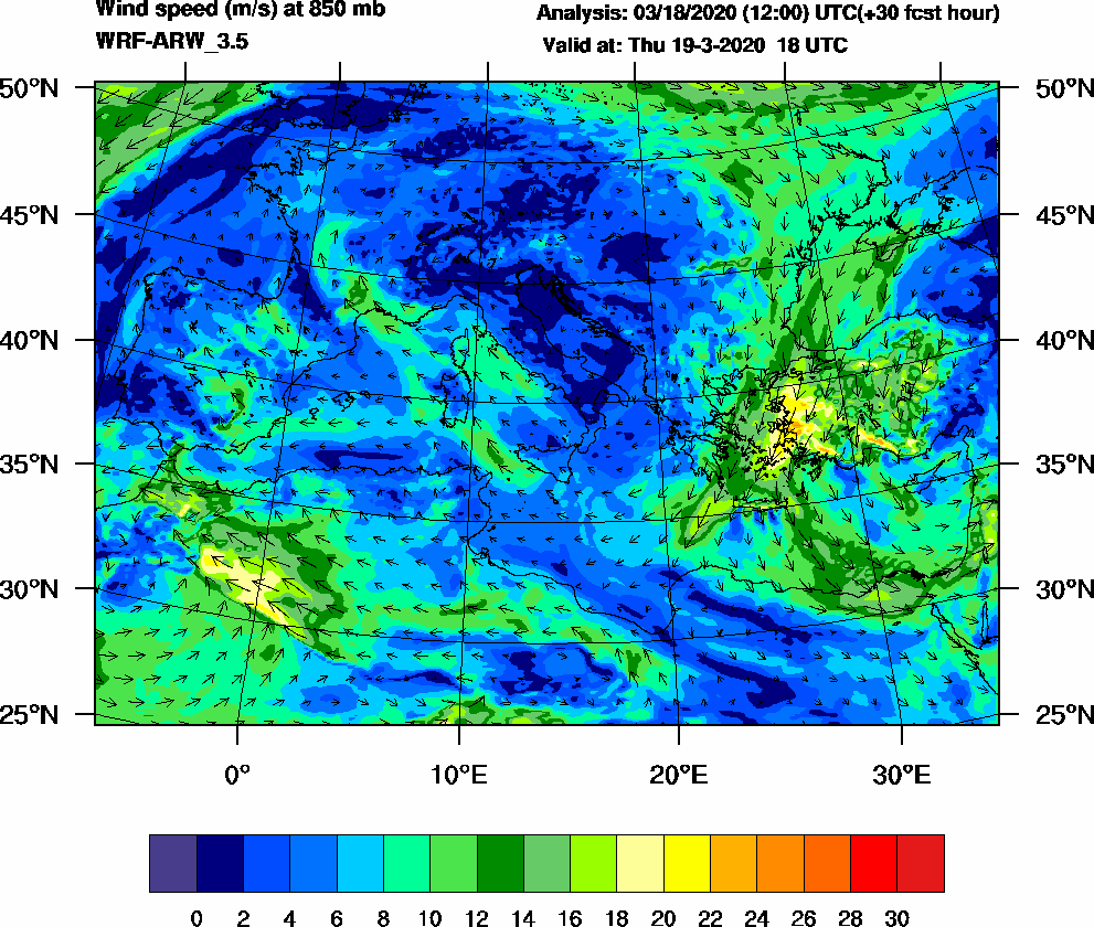 Wind speed (m/s) at 850 mb - 2020-03-19 18:00