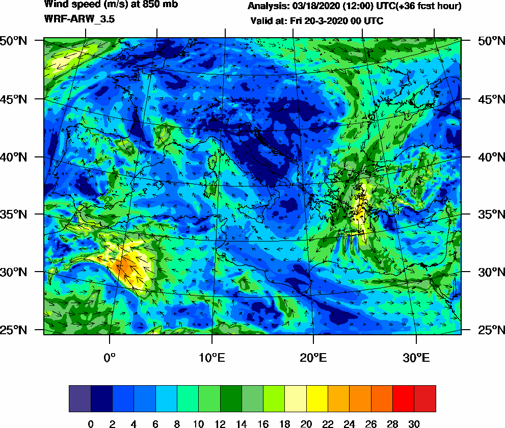 Wind speed (m/s) at 850 mb - 2020-03-20 00:00