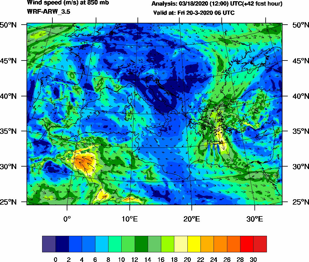 Wind speed (m/s) at 850 mb - 2020-03-20 06:00