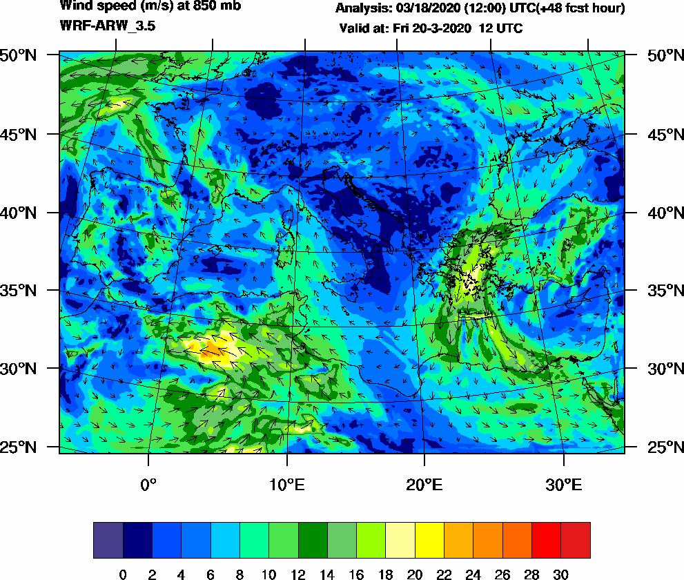 Wind speed (m/s) at 850 mb - 2020-03-20 12:00