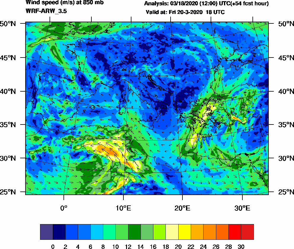 Wind speed (m/s) at 850 mb - 2020-03-20 18:00