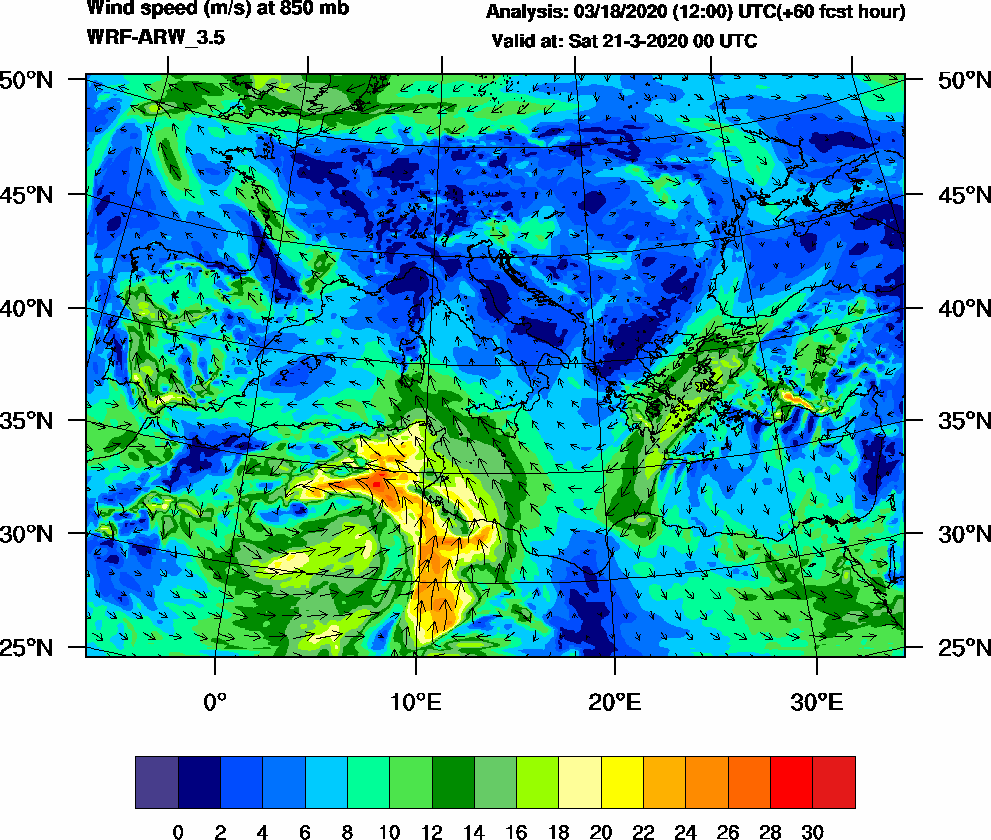 Wind speed (m/s) at 850 mb - 2020-03-21 00:00