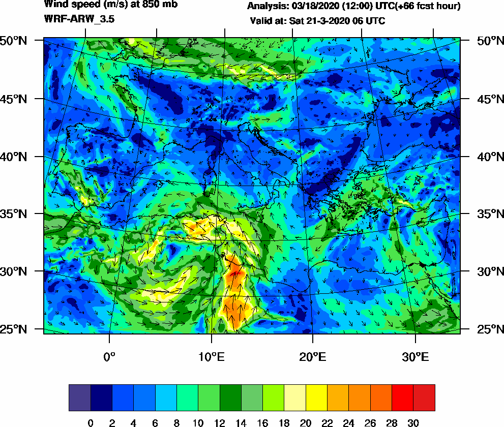 Wind speed (m/s) at 850 mb - 2020-03-21 06:00