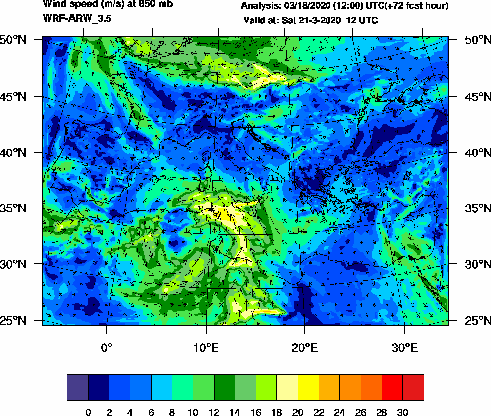 Wind speed (m/s) at 850 mb - 2020-03-21 12:00