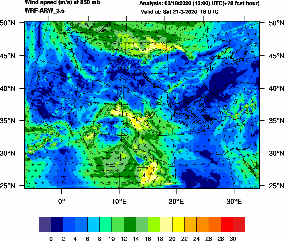 Wind speed (m/s) at 850 mb - 2020-03-21 18:00