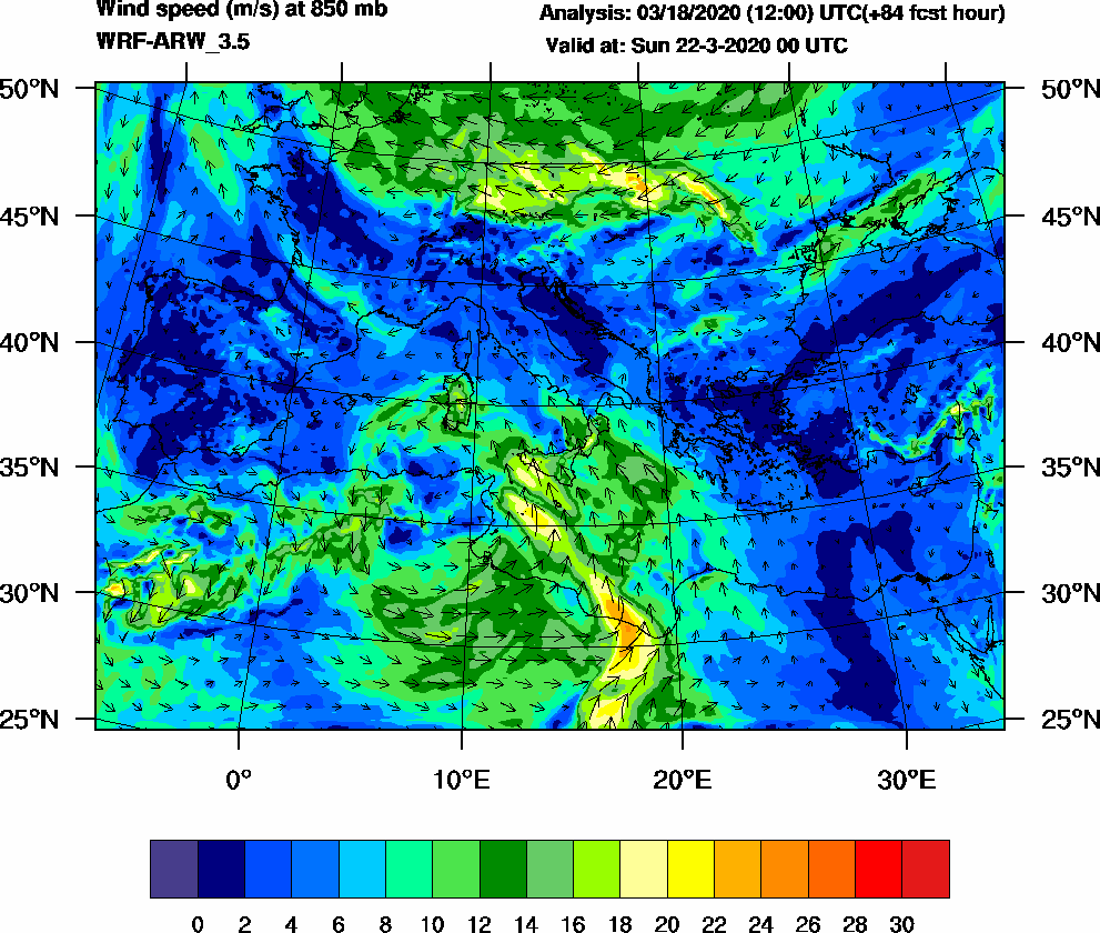 Wind speed (m/s) at 850 mb - 2020-03-22 00:00