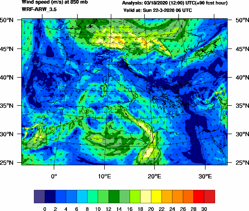 Wind speed (m/s) at 850 mb - 2020-03-22 06:00