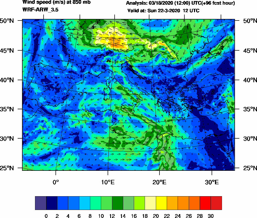 Wind speed (m/s) at 850 mb - 2020-03-22 12:00