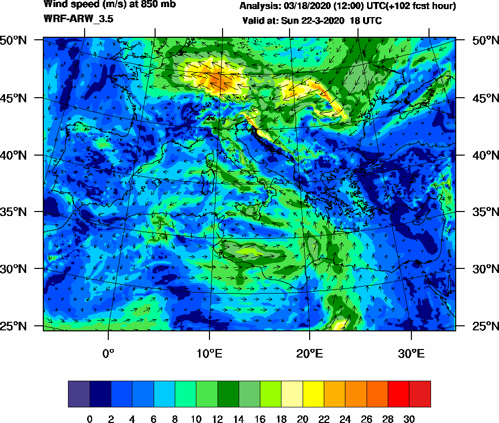 Wind speed (m/s) at 850 mb - 2020-03-22 18:00