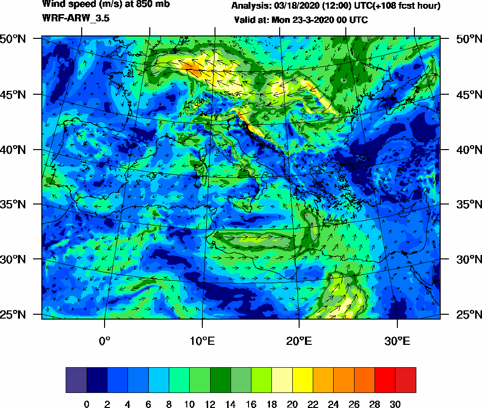 Wind speed (m/s) at 850 mb - 2020-03-23 00:00