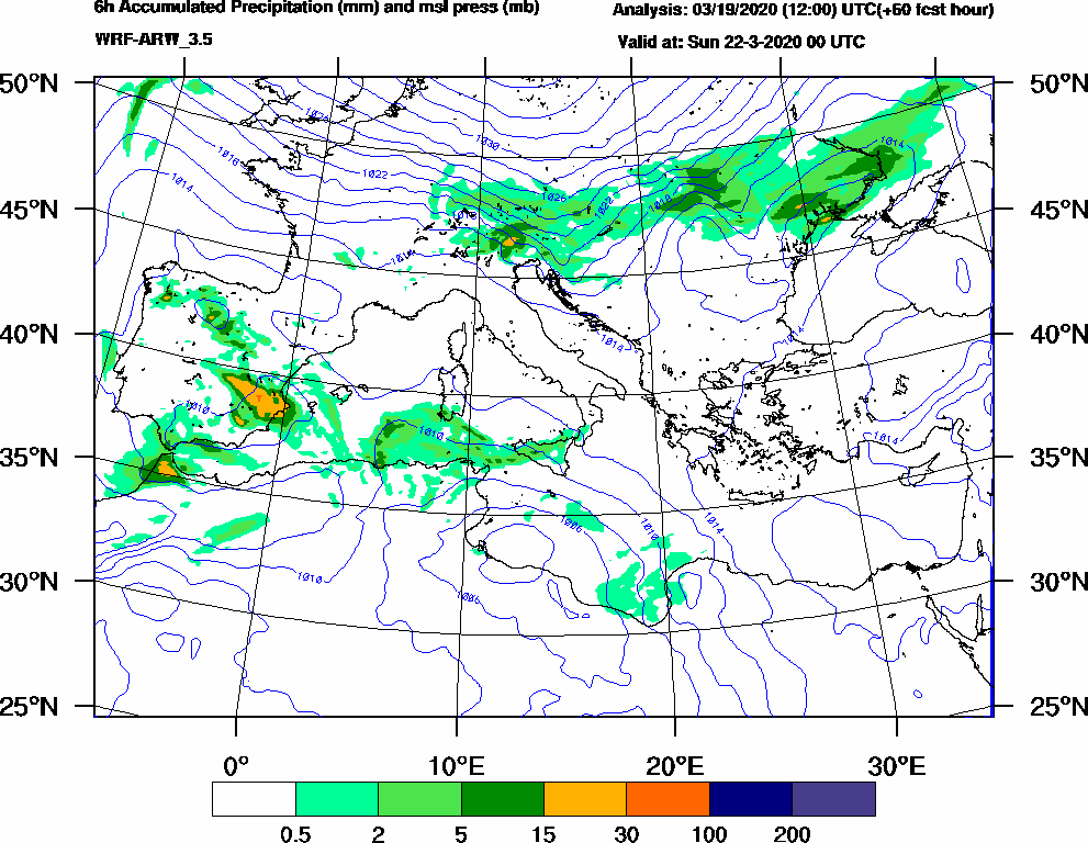 6h Accumulated Precipitation (mm) and msl press (mb) - 2020-03-21 18:00