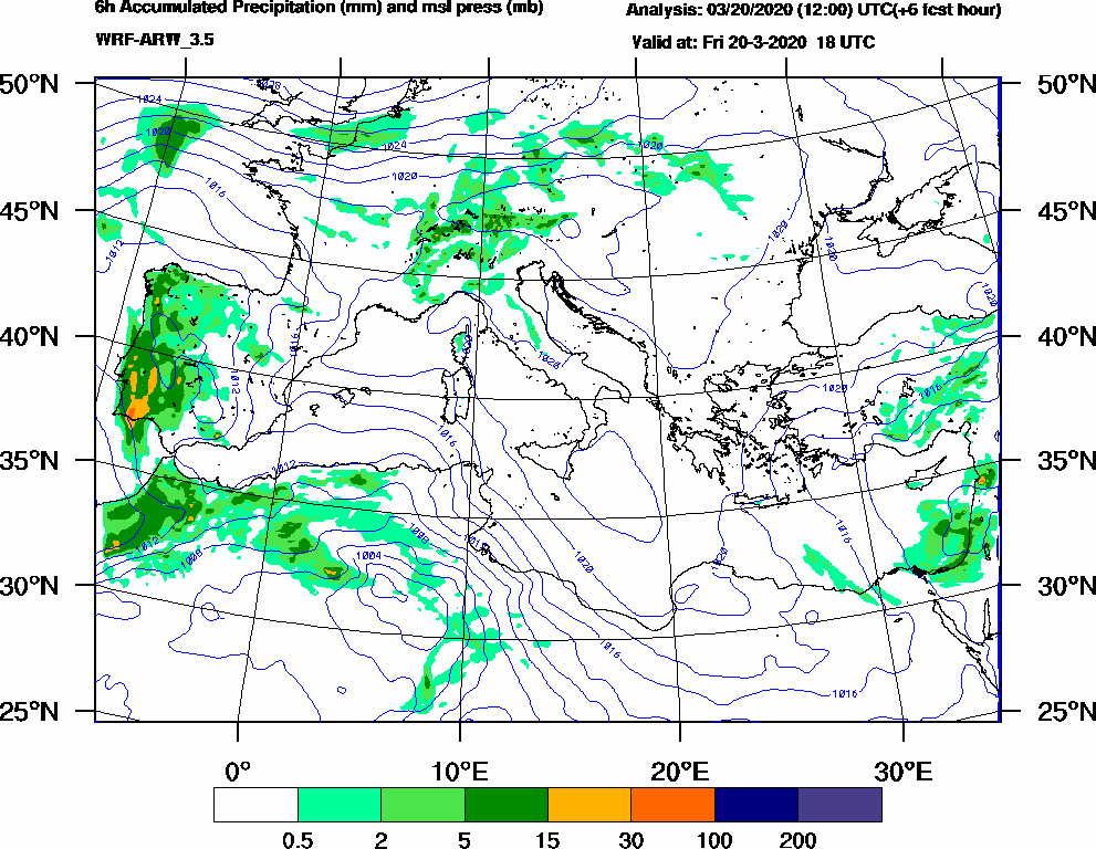 6h Accumulated Precipitation (mm) and msl press (mb) - 2020-03-20 12:00