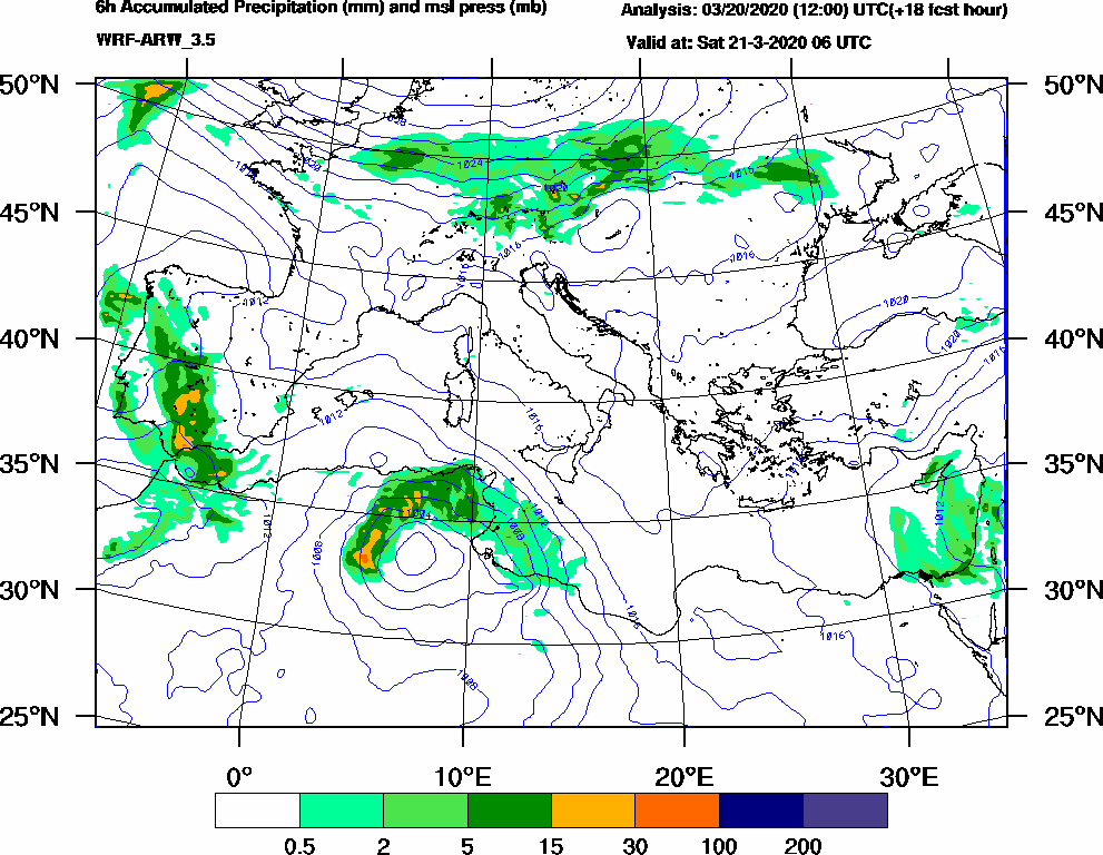6h Accumulated Precipitation (mm) and msl press (mb) - 2020-03-21 00:00