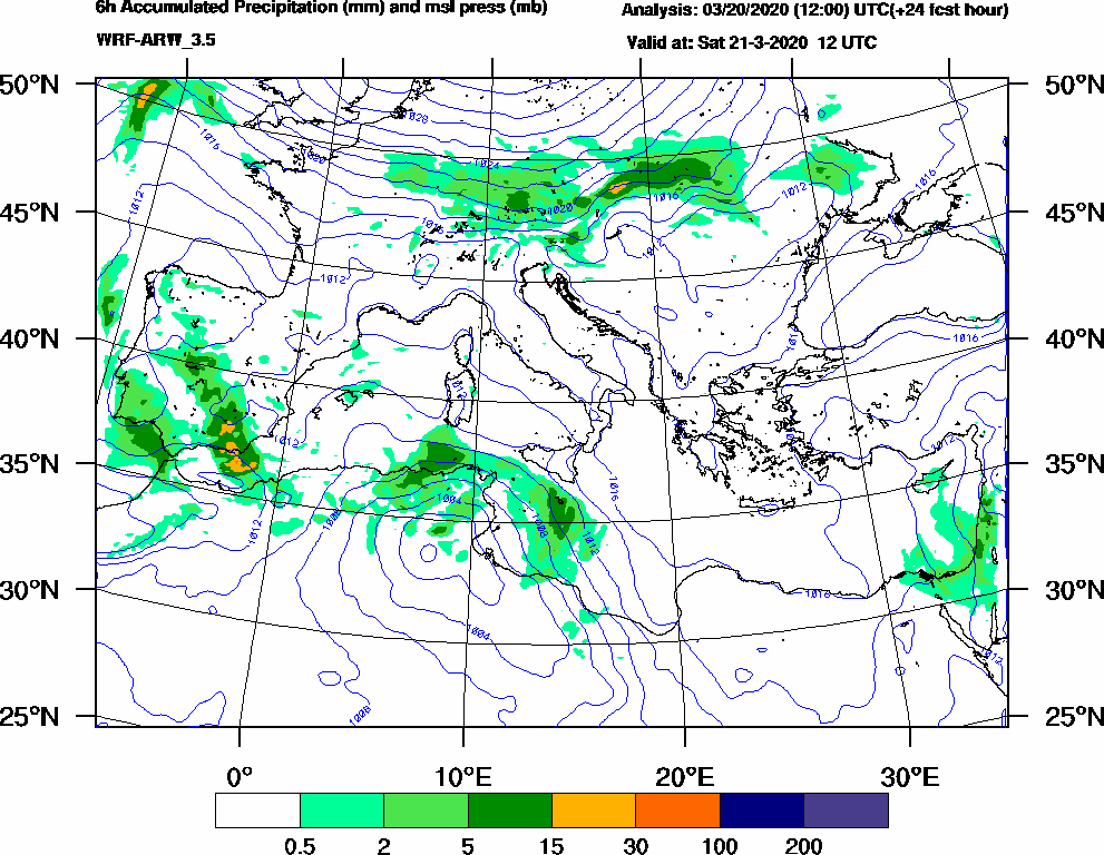 6h Accumulated Precipitation (mm) and msl press (mb) - 2020-03-21 06:00