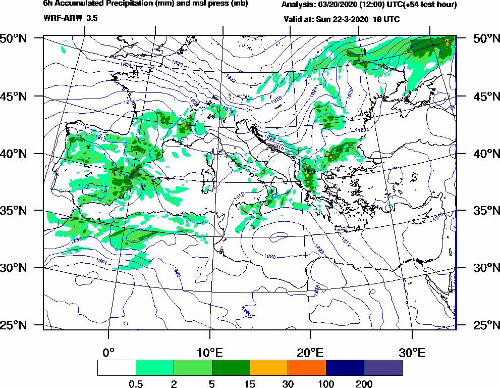 6h Accumulated Precipitation (mm) and msl press (mb) - 2020-03-22 12:00