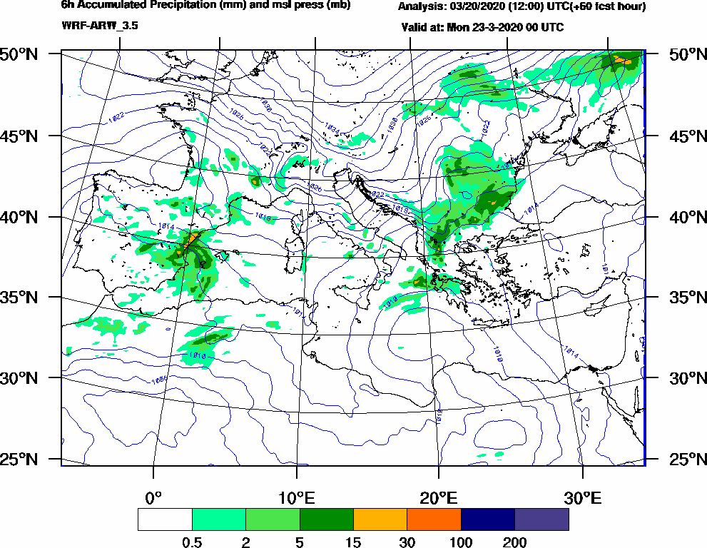 6h Accumulated Precipitation (mm) and msl press (mb) - 2020-03-22 18:00