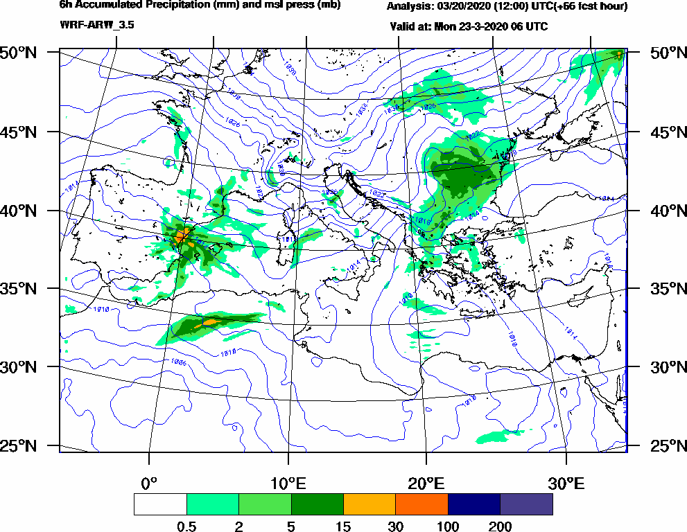 6h Accumulated Precipitation (mm) and msl press (mb) - 2020-03-23 00:00