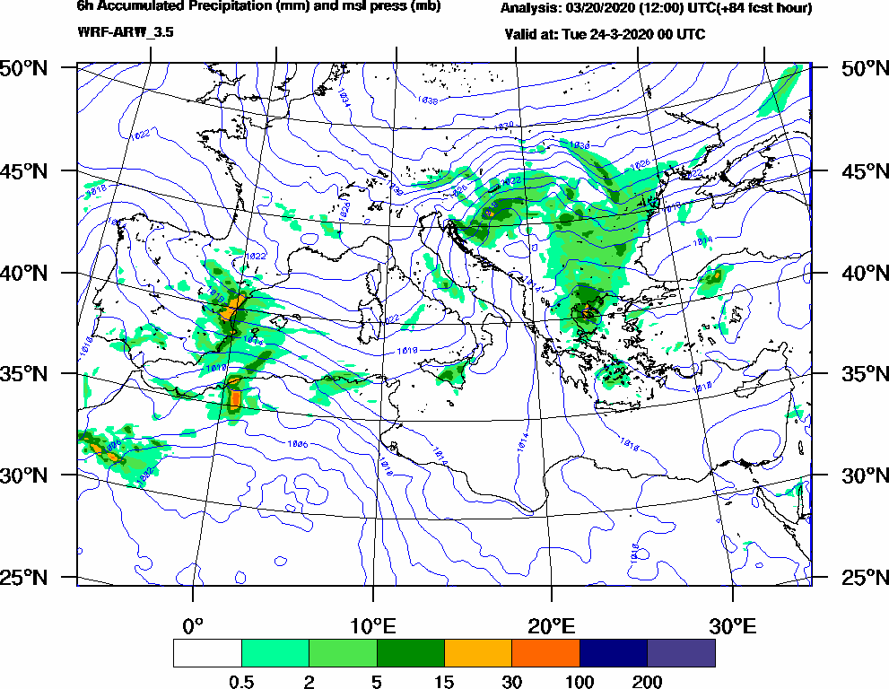 6h Accumulated Precipitation (mm) and msl press (mb) - 2020-03-23 18:00