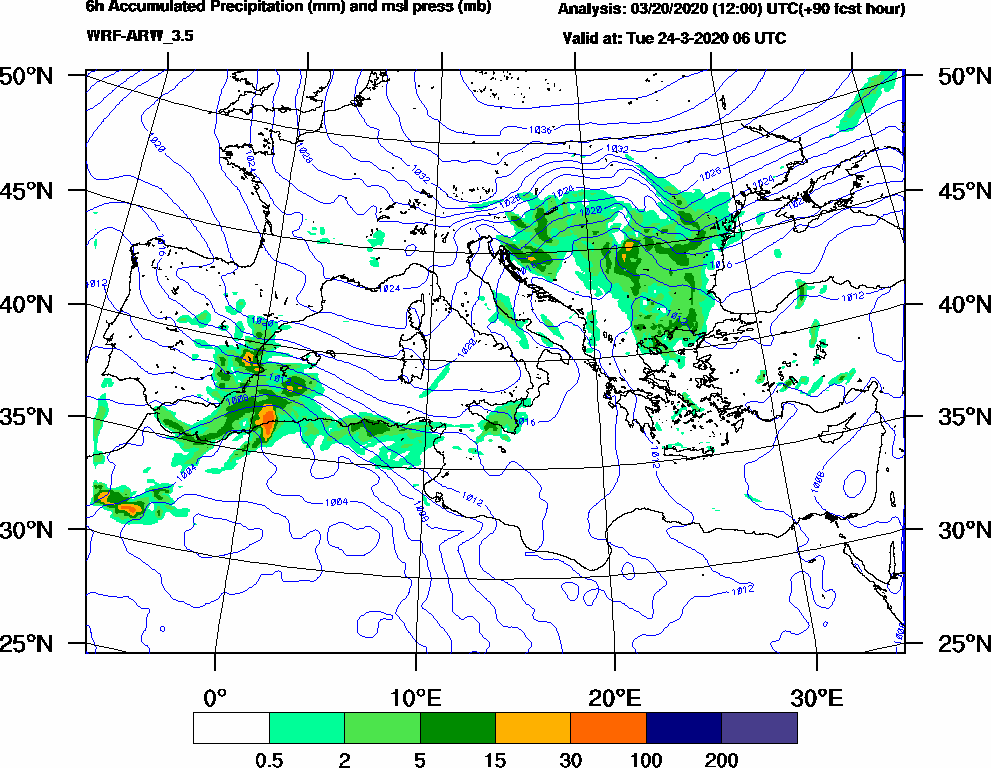 6h Accumulated Precipitation (mm) and msl press (mb) - 2020-03-24 00:00