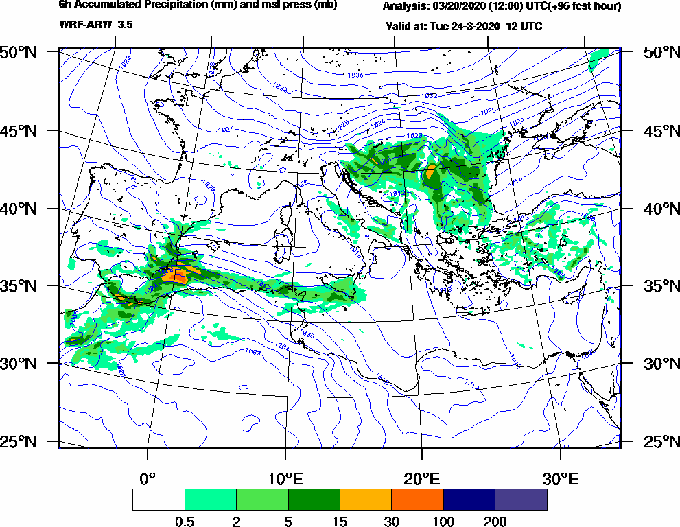 6h Accumulated Precipitation (mm) and msl press (mb) - 2020-03-24 06:00