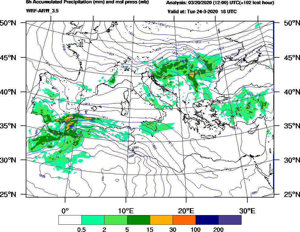 6h Accumulated Precipitation (mm) and msl press (mb) - 2020-03-24 12:00
