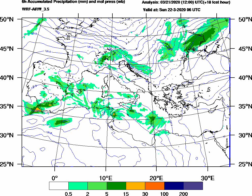 6h Accumulated Precipitation (mm) and msl press (mb) - 2020-03-22 00:00