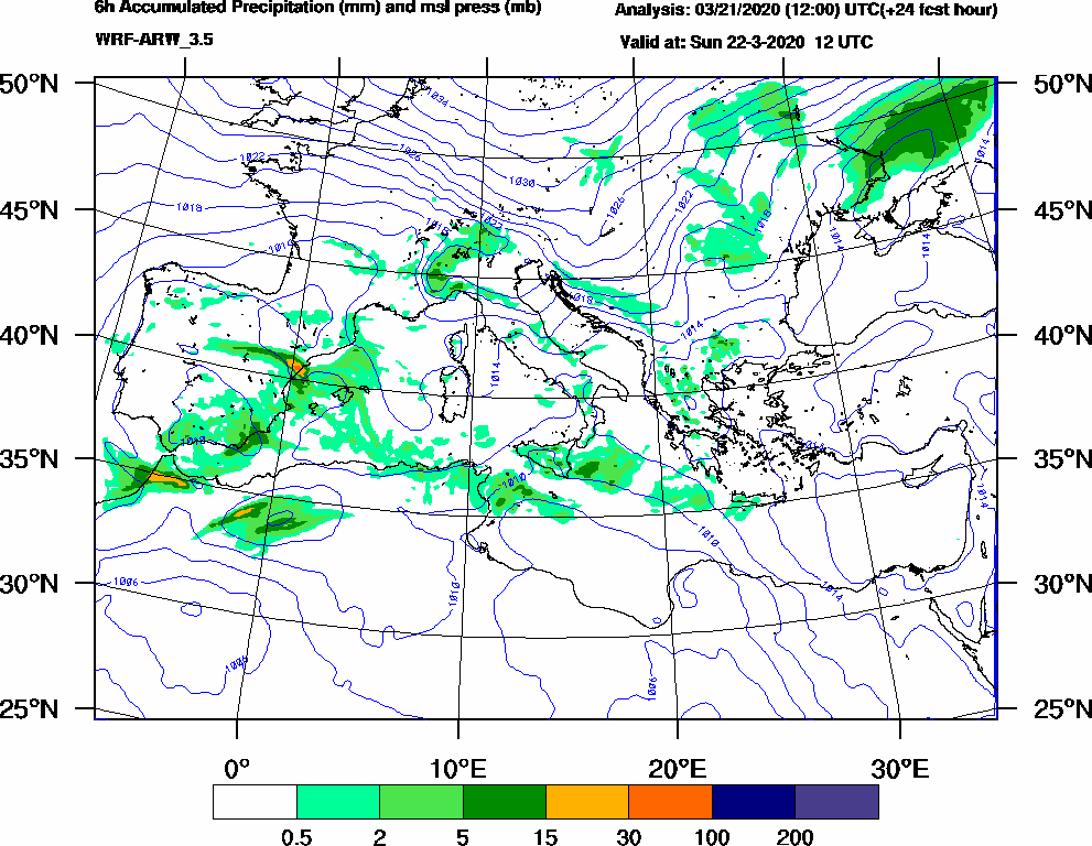 6h Accumulated Precipitation (mm) and msl press (mb) - 2020-03-22 06:00