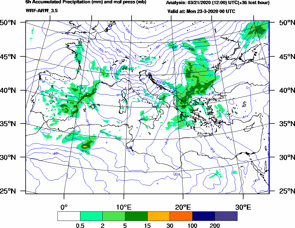 6h Accumulated Precipitation (mm) and msl press (mb) - 2020-03-22 18:00