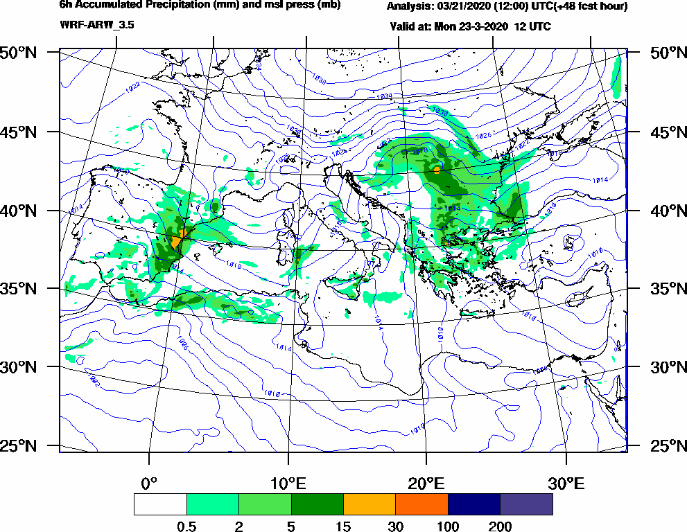 6h Accumulated Precipitation (mm) and msl press (mb) - 2020-03-23 06:00