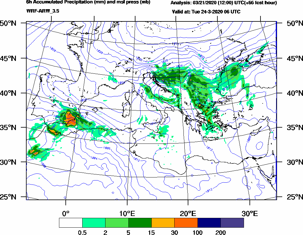 6h Accumulated Precipitation (mm) and msl press (mb) - 2020-03-24 00:00