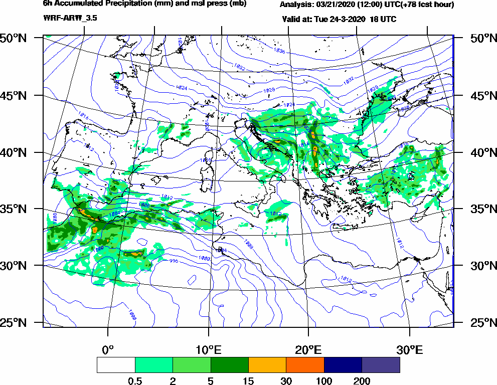 6h Accumulated Precipitation (mm) and msl press (mb) - 2020-03-24 12:00