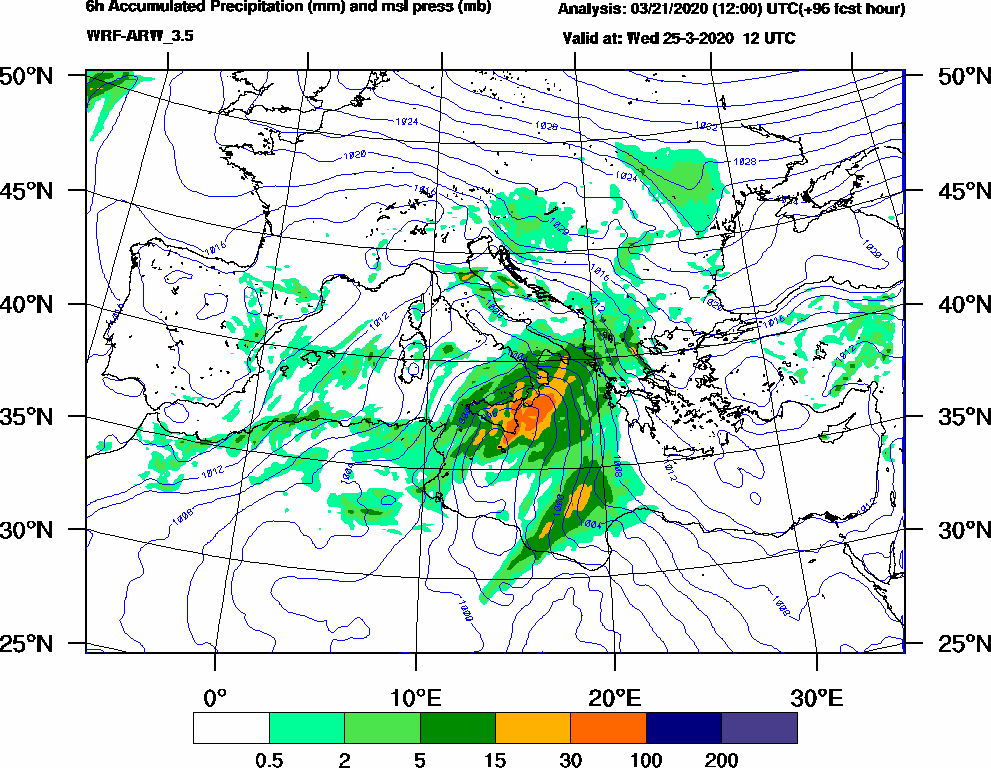 6h Accumulated Precipitation (mm) and msl press (mb) - 2020-03-25 06:00