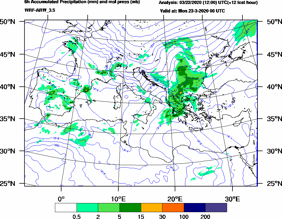 6h Accumulated Precipitation (mm) and msl press (mb) - 2020-03-22 18:00