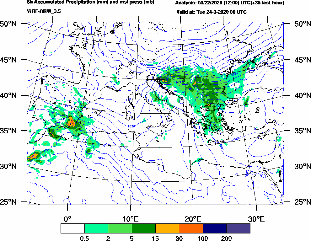 6h Accumulated Precipitation (mm) and msl press (mb) - 2020-03-23 18:00