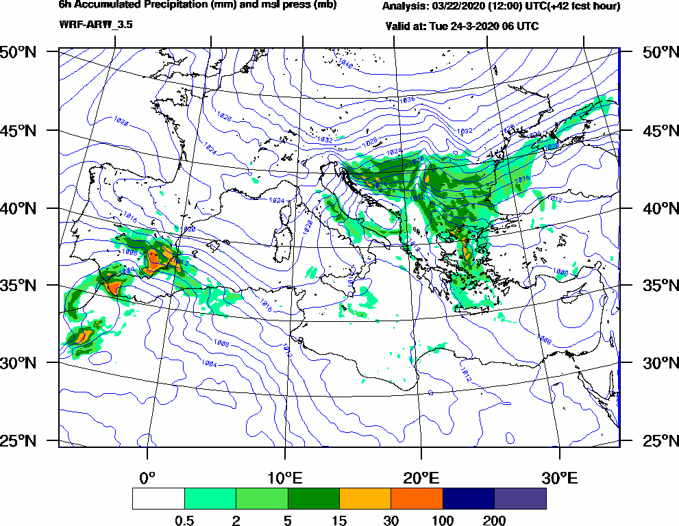 6h Accumulated Precipitation (mm) and msl press (mb) - 2020-03-24 00:00