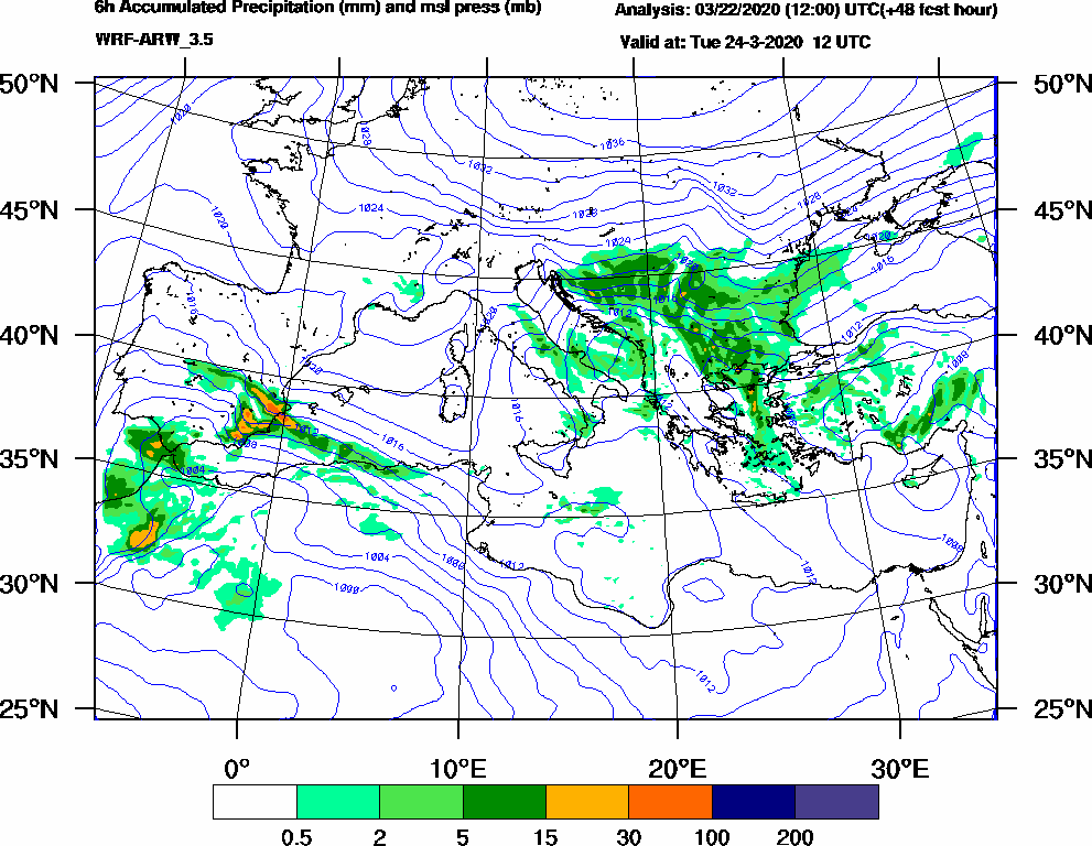 6h Accumulated Precipitation (mm) and msl press (mb) - 2020-03-24 06:00