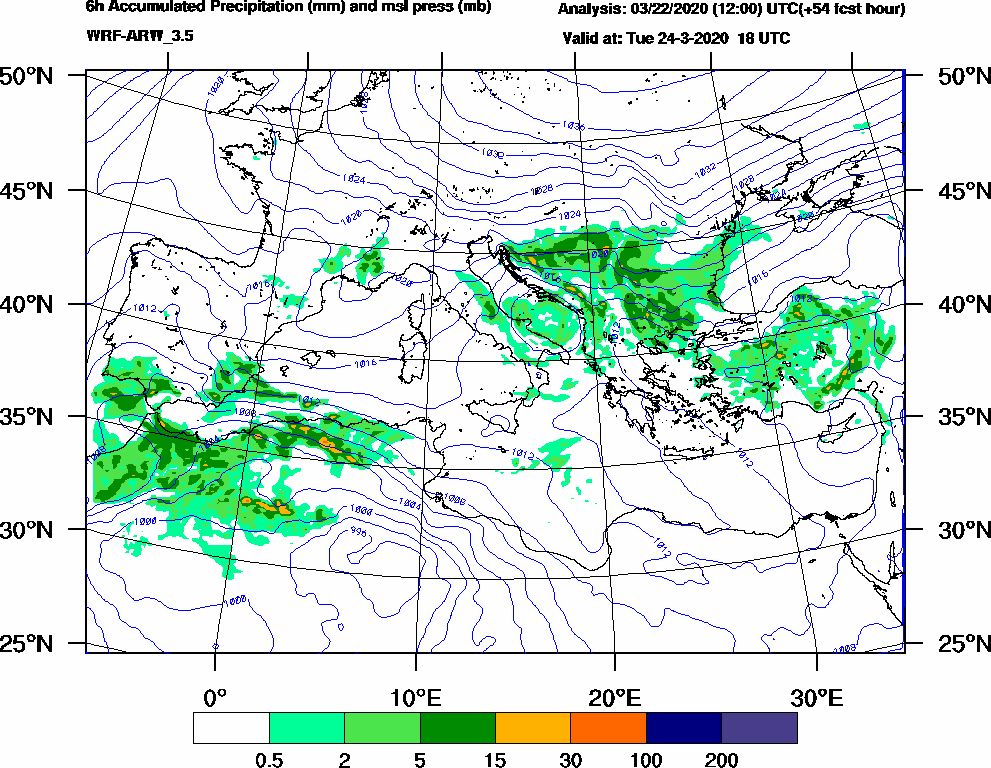 6h Accumulated Precipitation (mm) and msl press (mb) - 2020-03-24 12:00