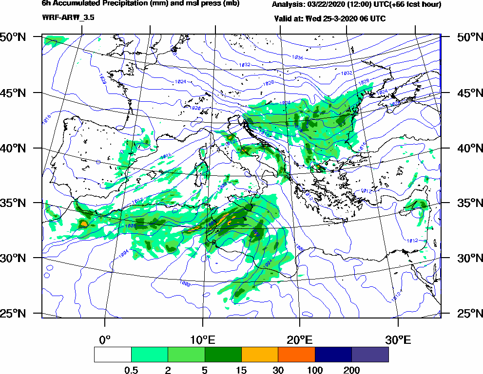 6h Accumulated Precipitation (mm) and msl press (mb) - 2020-03-25 00:00