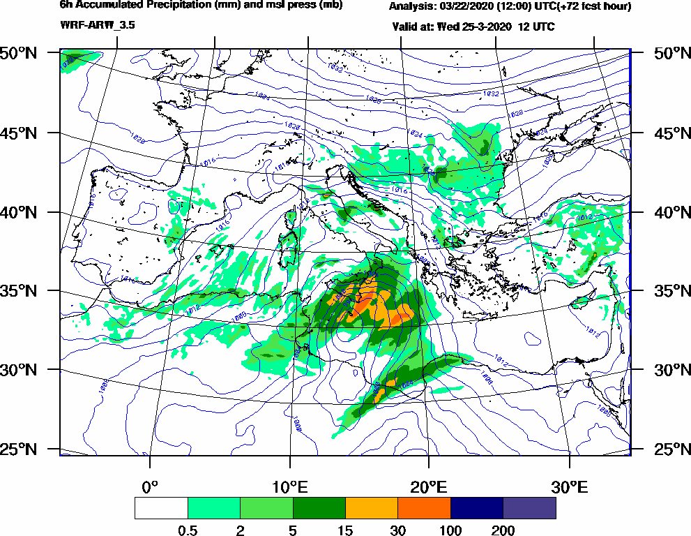 6h Accumulated Precipitation (mm) and msl press (mb) - 2020-03-25 06:00