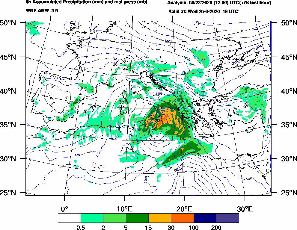 6h Accumulated Precipitation (mm) and msl press (mb) - 2020-03-25 12:00