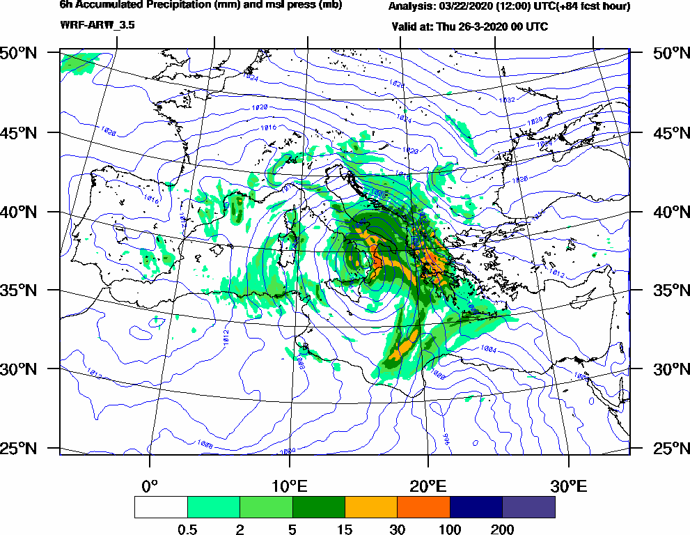 6h Accumulated Precipitation (mm) and msl press (mb) - 2020-03-25 18:00