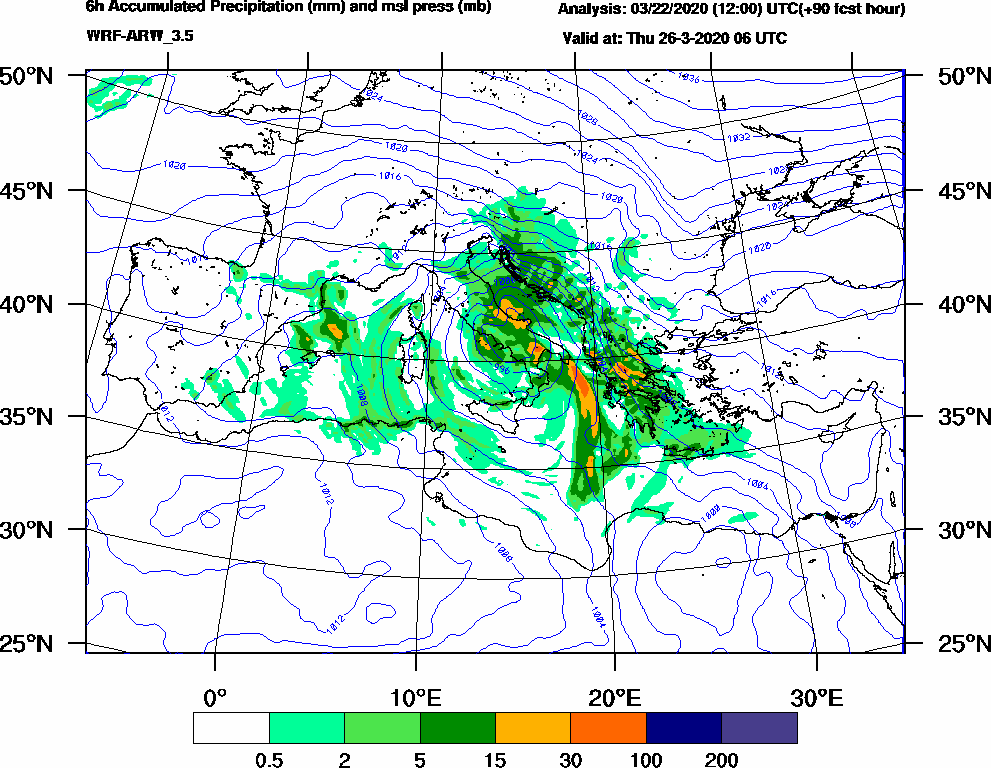 6h Accumulated Precipitation (mm) and msl press (mb) - 2020-03-26 00:00