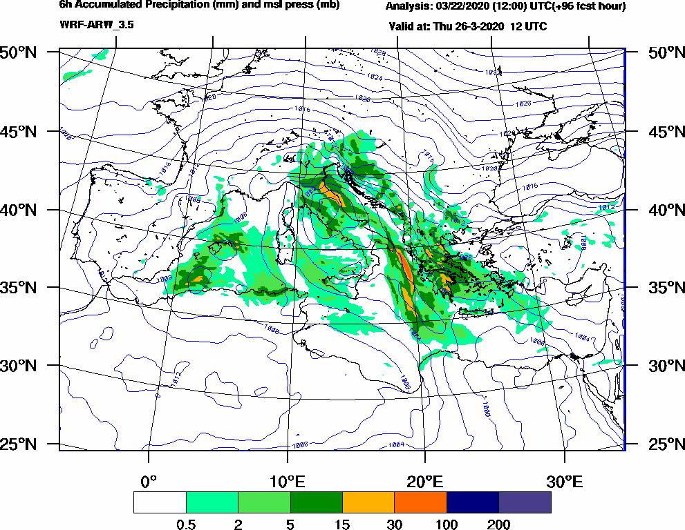 6h Accumulated Precipitation (mm) and msl press (mb) - 2020-03-26 06:00