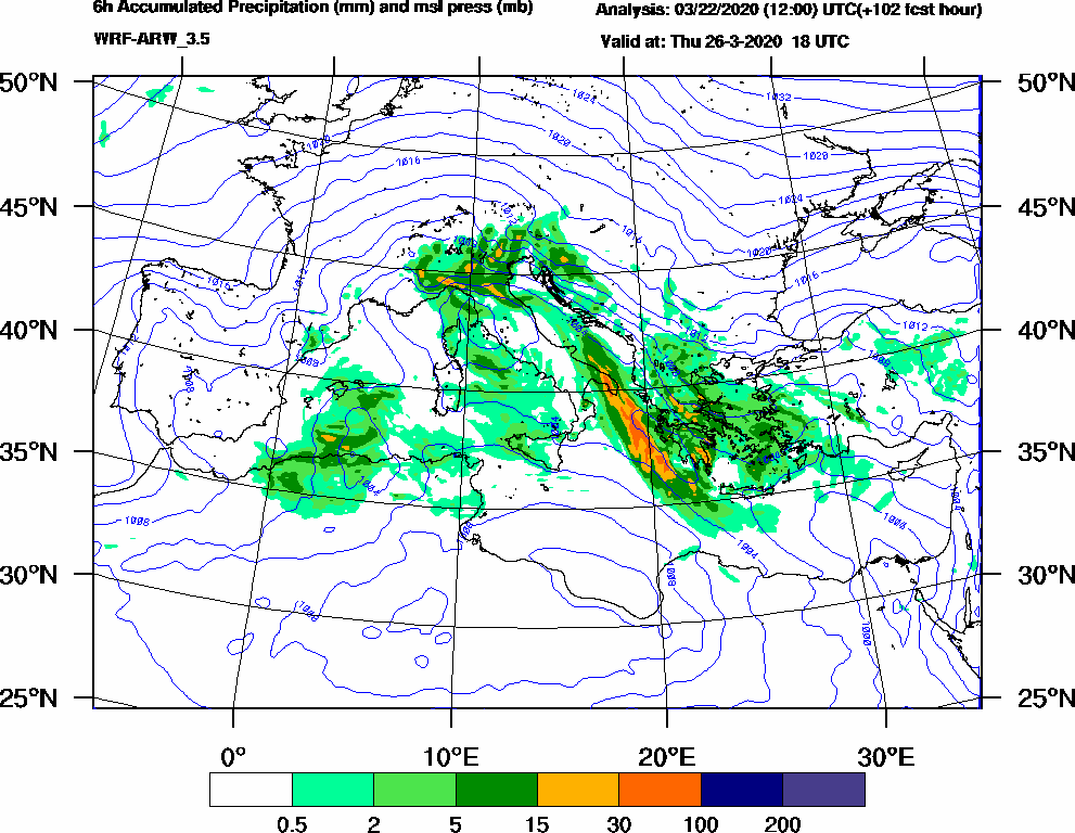 6h Accumulated Precipitation (mm) and msl press (mb) - 2020-03-26 12:00