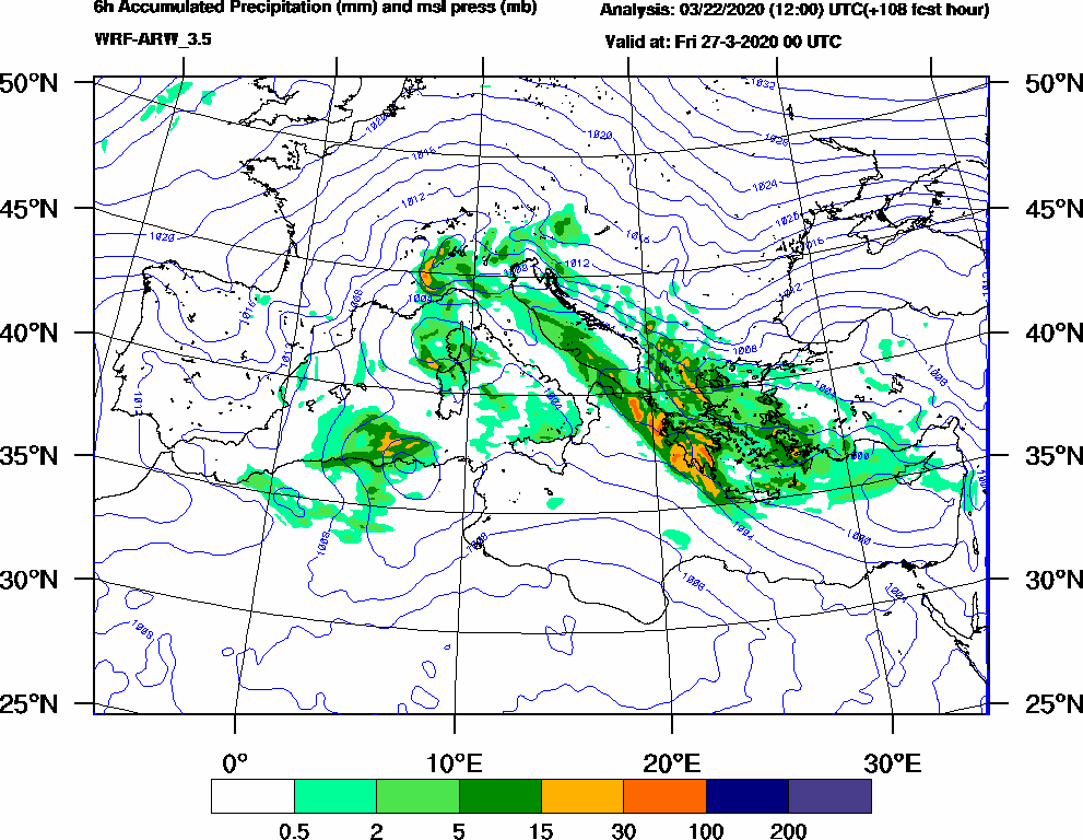 6h Accumulated Precipitation (mm) and msl press (mb) - 2020-03-26 18:00